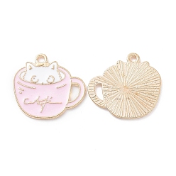 Pink Alloy Enamel Pendants, Light Gold, Cup with Cat Charm, Pink, 18.5x20x1mm, Hole: 1.5mm
