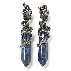 Ляпис-Лазурь Натуральный лазурит окрашенный граненый двойной конечный заостренный большой кулон, Подвески в виде шестиугольной призмы с розой в оболочке из сплава, античное серебро, 59.5x14x10.5 мм, отверстие : 6.5x4.5 мм