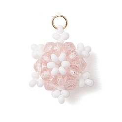 Pink Подвески-снежинки из стеклянных бусин, со стеклянными и 304 нержавеющими кольцами для прыжков, реальный 18 k позолоченный, граненые, розовые, 18x16x8 мм, отверстие : 3 мм