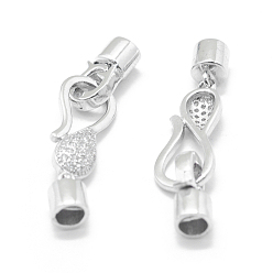 Platinum Rhodium Plated 925 Sterling Silver Fold Over Clasps, with Cubic Zirconia, with 925 Stamp, Clear, Platinum, 35mm, Cord End: 7x5mm, Clasp: 12.5x6.5x5mm, Inner Diameter: 3mm and 3.5mm