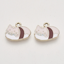 Misty Rose Alloy Enamel Kitten Pendants, Light Gold, Cat with Sushi Shape, Misty Rose, 15x18x2mm, Hole: 1.8mm
