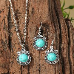 Плоский Круглый Комплекты из ожерелий и серег-подвесок из сплава Bohemia и акрила, античное серебро, плоско-круглые, 43x23 мм