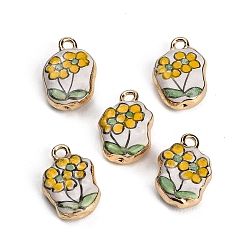 Yellow Handmade Porcelain with Brass Pendants, Flower Charms, Hand Painted, Famille Rose Porcelain, Golden, Yellow, 21x14x6.5mm, Hole: 2.5mm