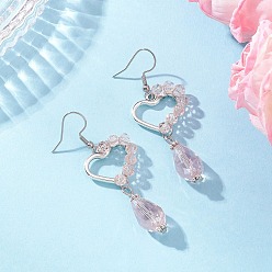 Pink Серьги-подвески из гальванического стекла в форме сердца со слезинкой для женщин, с 304 крючками для сережек из нержавеющей стали и сплава, платина, розовые, 58.5x21.5 мм