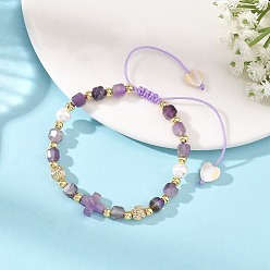 Amethyst Natural Amethyst Faceted Cube Braided Bead Bracelets, Religion Cross Adjustable Bracelets, Golden, Inner Diameter: 1.97 inch(5cm)~3.35 inch(8.5cm)