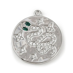 Платина Латунные микро проложить кубического циркония подвески, круглый со змеей, долговечный, без кадмия и без свинца, стойки покрытие, платина, 28x25x2 мм, отверстие : 1.8 мм