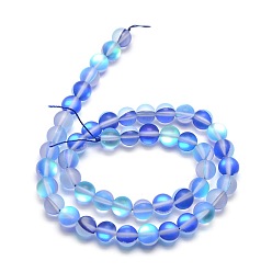 Blue Synthetic Moonstone Beads Strands, Holographic Beads, Half AB Color Plated, Frosted, Round, Blue, 10mm, Hole: 1mm, about 37pcs/strand, 15 inch