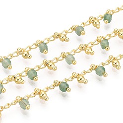 Зеленый Авантюрин Латунь бордюр цепи, с природными авантюрин бисером зеленых, пайки, с катушкой, долговечный, золотые, пайки, кубические, 5~6x2~2.5x2~2.5 мм