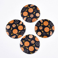 Black Fruit Seris Printed Wood Pendants, Flat Round with Orange Pattern, Black, 30x5mm, Hole: 1.6mm