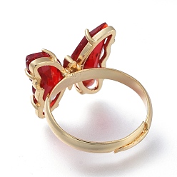 Red Adjustable Brass Glass Finger Rings, with Clear Cubic Zirconia, Butterfly, Golden, Red, Size 7, Inner Diameter: 17mm