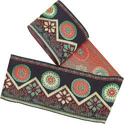 Цветок Кружевная лента из полиэстера в этническом стиле, плоский, черный, светло-зеленый, светло-желтый и оранжевый узор, цветок, 4-1/8 дюйм (103 мм), около 7.66 ярдов (7 м) / шт