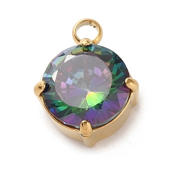 Темный Морско-зеленый 304 микро нержавеющей стали прокладывать Цирконом подвески, плоские круглые прелести, темно-зеленый, 10.5x8x4.5 мм, отверстие : 1.8 мм