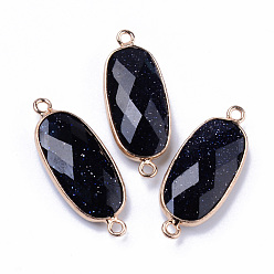 Blue Goldstone Natural Blue Goldstone Links Connectors, with Light Gold Plated Edge Brass Loops, Oval, Faceted, 27x11x5.5mm, Hole: 2mm