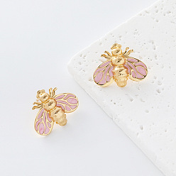 Pink 304 Stainless Steel Enamel Stud Earrings for Women, Bees, Golden, Pink, 22x17mm