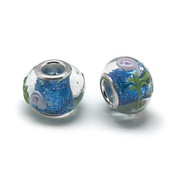 Озёрно--синий Rondelle Lampwork большого отверстия европейские шарики, с латунными ярдами серебянного цвета , Плут синий, 14~15x10~11 мм, отверстие : 5 мм