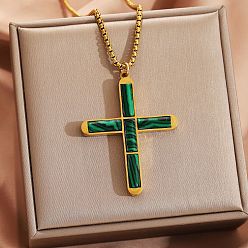 Малахит 304 Подвеска в виде религиозного креста из нержавеющей стали с синтетическим малахитом, золотые, 21.65 дюйм (55 см)