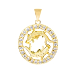 Piscis Micro latón allanan colgantes cúbicos del zirconia, colgante redondo plano con constelación, real 18 k chapado en oro, Piscis, 16 mm