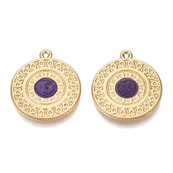 Dark Orchid 303 Stainless Steel Enamel Pendants, Flat Round Charms, Ion Plating(IP), Real 18K Gold Plated, Dark Orchid, 21.5x19x2mm, Hole: 1mm
