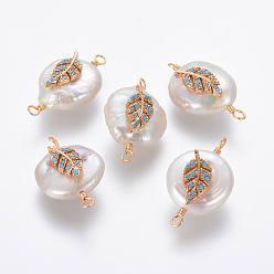 Темно-Голубой Соединители звеньев натурального жемчуга, с латунными микро проложить кубических выводы циркония, самородки с листа, золотые, глубокое синее небо, 22~27x11~14x6~8 мм, отверстие : 1.6 мм