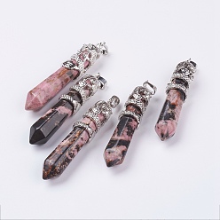 Rhodonite Natural Rhodonite Big Pointed Pendants, with Alloy Findings, Faceted, Bullet, Platinum, 59~63x11~12mm, Hole: 4x7mm