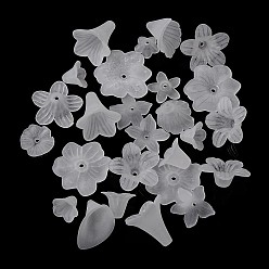 Weiß Transparent gefrostetem Acryl-Perlen, Blume Perlkappen, gemischten Stil, weiß, 8~35x5~40x7~15 mm, Bohrung: 1~2.5 mm
