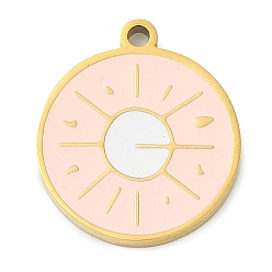 Розовый 304 подвески из нержавеющей стали, с эмалью, плоский круглый с солнечным шармом, золотые, туманная роза, 17x15x1.7 мм, отверстие : 1.4 мм