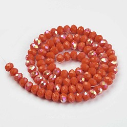 Orange Red Electroplate Opaque Solid Color Glass Beads Strands, Half Rainbow Plated, Faceted, Rondelle, Orange Red, 2.5x1.5mm, Hole: 0.4mm, about 195pcs/strand, 11 inch(27.5cm)