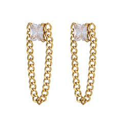 Прозрачный Квадратные 304 серьги-подвески из нержавеющей стали с прозрачными кубическими циркониями, с бордюра цепи, долговечный, реальный 18 k позолоченный, ионное покрытие (ip), прозрачные, 1.89 дюйм (4.8 см)