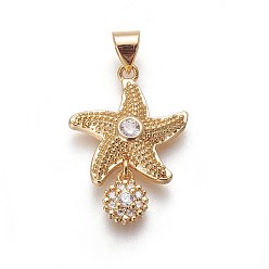 Golden Brass Micro Pave Cubic Zirconia Pendants, Starfish/Sea Stars, Clear, Golden, 29.5x17x4mm, Hole: 4.5x3.8mm