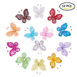 Mixed Color Polyester Butterfly Decoration, with Iron and Acrylic Rhinestone, Mixed Color, 50~56x54~56x5~7mm, 4pcs/color, 52pcs/set