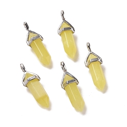 Лимонный Нефрит Натуральный лимон нефритовые подвески, граненые, с латунной фурнитурой платинового цвета, без свинца и без кадмия, пуля, 27~30x9~10x7~8 мм, отверстие : 4x3 мм