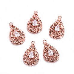 Rose Gold Brass Micro Pave Cubic Zirconia Pendants, Teardrop, Clear, Rose Gold, 21.5x12.5x5mm, Hole: 1.5mm