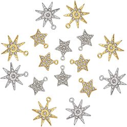 Golden & Stainless Steel Color 16Pcs 4 Style Alloy Rhinestone Pendants, Golden & Stainless Steel Color, 14~19.5x12~17x2mm, Hole: 1.2~1.4mm, 4pcs/style
