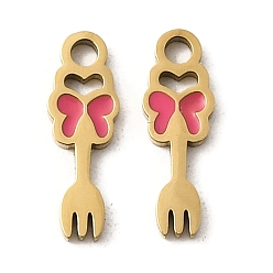 Ярко-Розовый 304 из нержавеющей стали шармы эмали, ионное покрытие (ip), бабочка вилка брелок, реальный 18 k позолоченный, ярко-розовый, 12x4x1.5 мм, отверстие : 1.5 мм