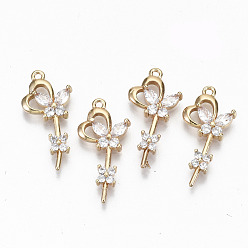 Clear Brass Micro Pave Cubic Zirconia Pendants, Light Gold, Long-Lasting Plated, Cadmium Free & Lead Free, Flower, Clear, 24x11x3mm, Hole: 1.2mm