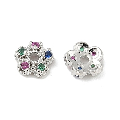 Платина Латунные колпачки для бусин с микропаве и разноцветными фианитами, 5-лепестков цветка, платина, 6.5x2.5 мм, отверстие : 1.4 мм