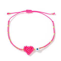 Темно-Розовый Браслеты из бисера и плетеного бисера., плетеные браслеты из полиэфирного шнура для женщин, сердце и сглаз, темно-розовыми, 11.02 дюйм (28 см)