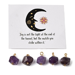 Amethyst Natural Amethyst Pendants, Faceted Nuggets Charms, with Golden Tone Brass Findings, 14~14.5x9~10.5x9~10mm, Hole: 1.5~2mm, 5pcs/bag