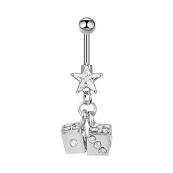 Claro Anillos colgantes para el ombligo con forma de dados de circonita cúbica engastada en aleación., con 304 barra de acero inoxidable, Platino, Claro, 45 mm