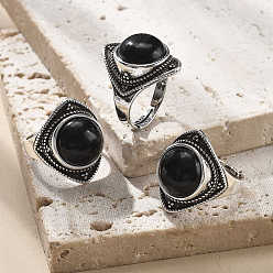 Обсидиан Регулируемые кольца из натурального обсидиана, старинные латунные кольца серебряного тона, ромб, 22 мм, внутренний диаметр: 18 мм