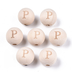 Letter P Unfinished Natural Wood European Beads, Large Hole Beads, Laser Engraved Pattern, Round with Word, Letter.P, 15~16x14~15mm, Hole: 4mm