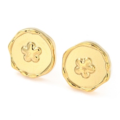 Real 18K Gold Plated 304 Stainless Steel Stud Earrings, Flat Round with Flower, Real 18K Gold Plated, 12.5x13mm