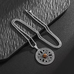 Нержавеющая Сталь Цвет 201 Подвеска-кулон в виде цветка жизни из натурального тигрового глаза из нержавеющей стали для женщин, цвет нержавеющей стали, 23.62 дюйм (60 см)