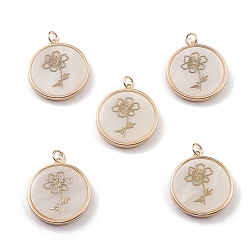 Light Gold Natural Freshwater Shell Pendants, Flat Round with Flower Charms, with Brass Findings, Light Gold, 24~24.5x22~22.5x3.5~4mm, Hole: 3.6mm