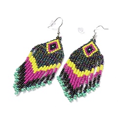 Colorful Glass Seed Braided Rhombus with Tassel Chandelier Earrings, Bohemian Brass Wire Wrap Drop Earrings for Women, Colorful, 90mm, Pin: 0.6mm