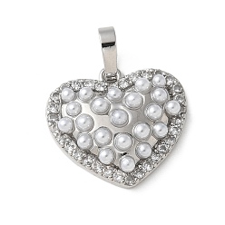 Платина Латунные микро проложить кубического циркония подвески, сердце прелести, с abs имитационными жемчужными бусинами , стойки покрытие, долговечный, платина, 18x19x5 мм, отверстие : 5x3 мм