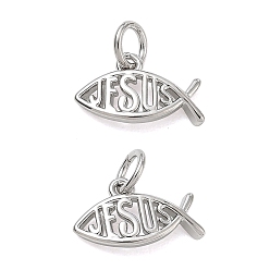 Platino Acumular colgantes de chapado de latón, encantos de pez jesus, sin plomo y cadmio, Platino, 8x13x2.5 mm, agujero: 3.5 mm