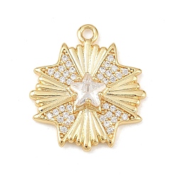 Настоящее золото 18K Латунные микропаве прозрачные подвески с фианитом, цветок со звездным узором, без кадмия, без никеля и без свинца, реальный 18 k позолоченный, 20x17.5x4.5 мм, отверстие : 1.6 мм