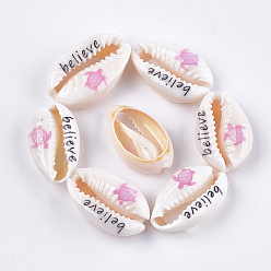 Flamingo Printed Cowrie Shell Beads, No Hole/Undrilled, Sea Turtle & Believe Pattern, Flamingo, 17~23x10.5~15x6~8mm