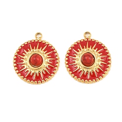 Carmesí 304 colgantes de esmalte de acero inoxidable, dijes redondos y planos con patrón de sol, con acrílico, revestimiento de iones (ip), real 18 k chapado en oro, carmesí, 17.5x15x4 mm, agujero: 1.5 mm